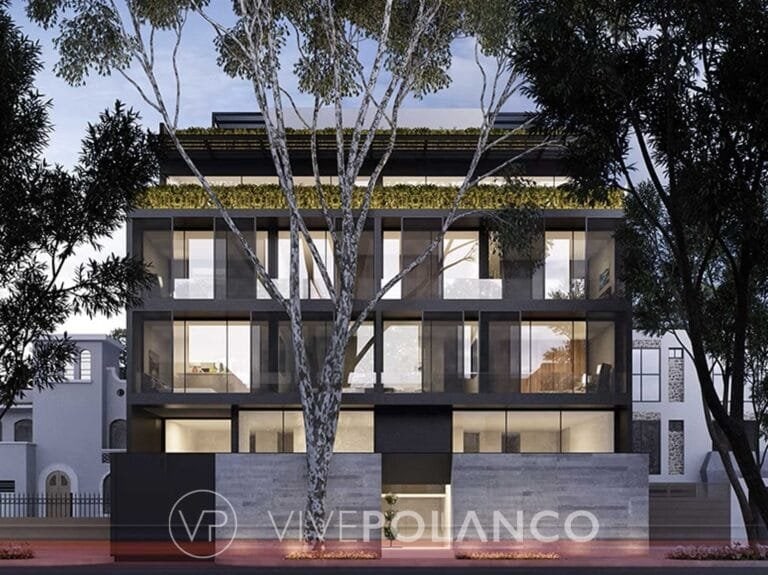 Desarrollo residencial moderno de tres niveles con ventanas amplias, concreto aparente y jardín en Calderón de la Barca, Polanco