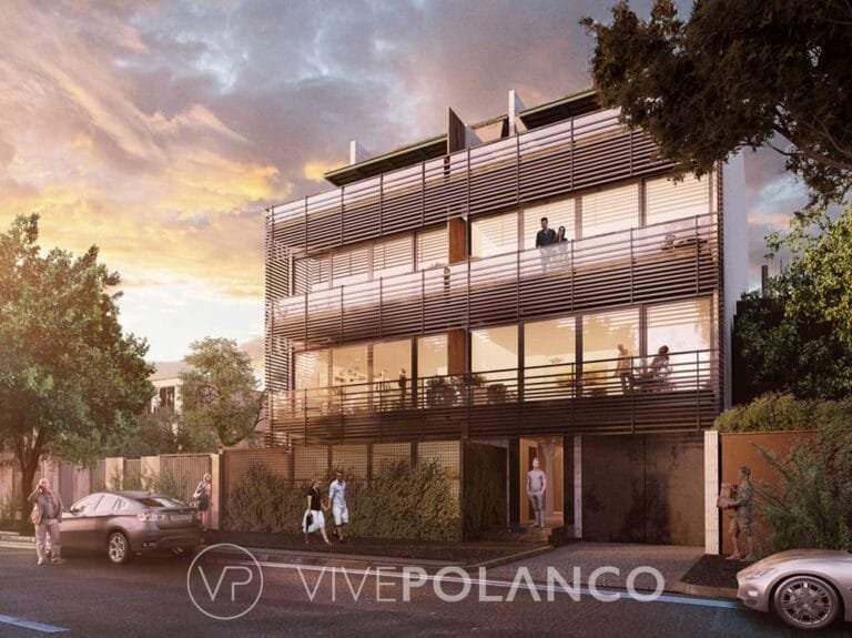 Renderizado de edificio residencial de tres niveles con fachada de madera y cristal, balcones modernos en Edgar Allan Poe, Polanco