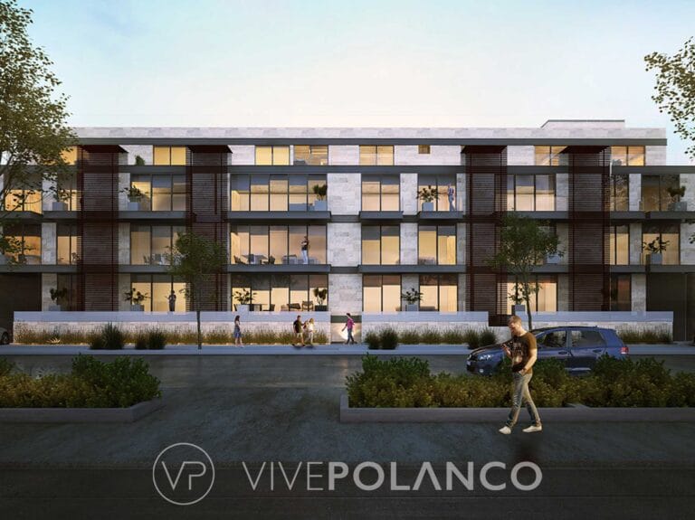 Edificio residencial contemporáneo de tres pisos con fachada de concreto y madera, ventanas amplias en Sudermann 235, Polanco