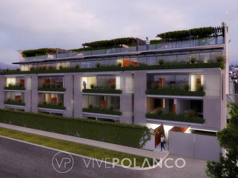 Renderizado de edificio residencial contemporáneo con múltiples terrazas ajardinadas y balcones verdes en Eugenio Sue 19, Polanco