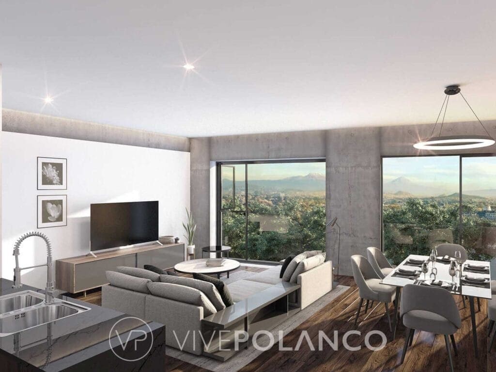 Sala de estar y comedor de concepto abierto con ventanales grandes, muebles contemporáneos y vista a montañas en Cervantes 101, Polanco