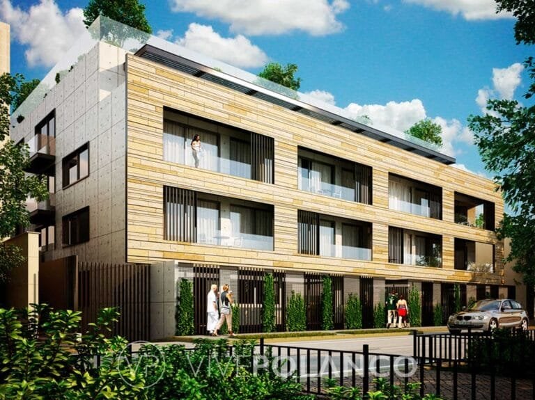 Edificio residencial de tres pisos con fachada de madera, balcones de vidrio y escaleras exteriores en Campos Eliseos 108, Polanco
