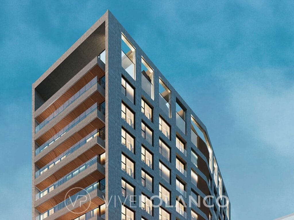 Renderizado de fachada de edificio residencial moderno con balcones de madera y ventanas iluminadas en Cervantes 101, Polanco