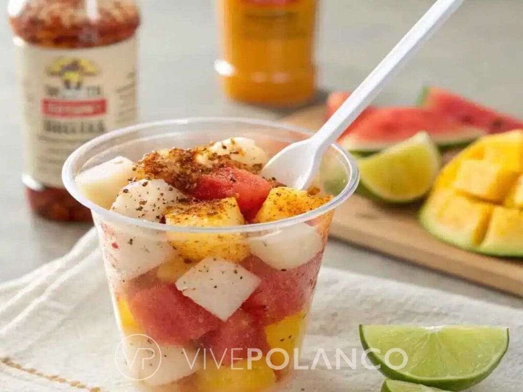 Copa con frutas mexicanas frescas - sandía, jícama, mango y piña con chile piquín y limón en Mexican Fruit Polanco, Polanco