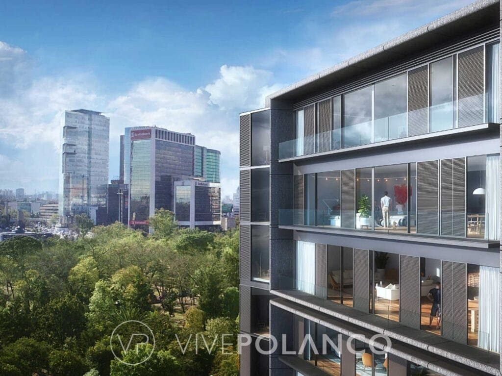 Edificio residencial contemporáneo en Polanco con fachada de ladrillo y ventanales amplios