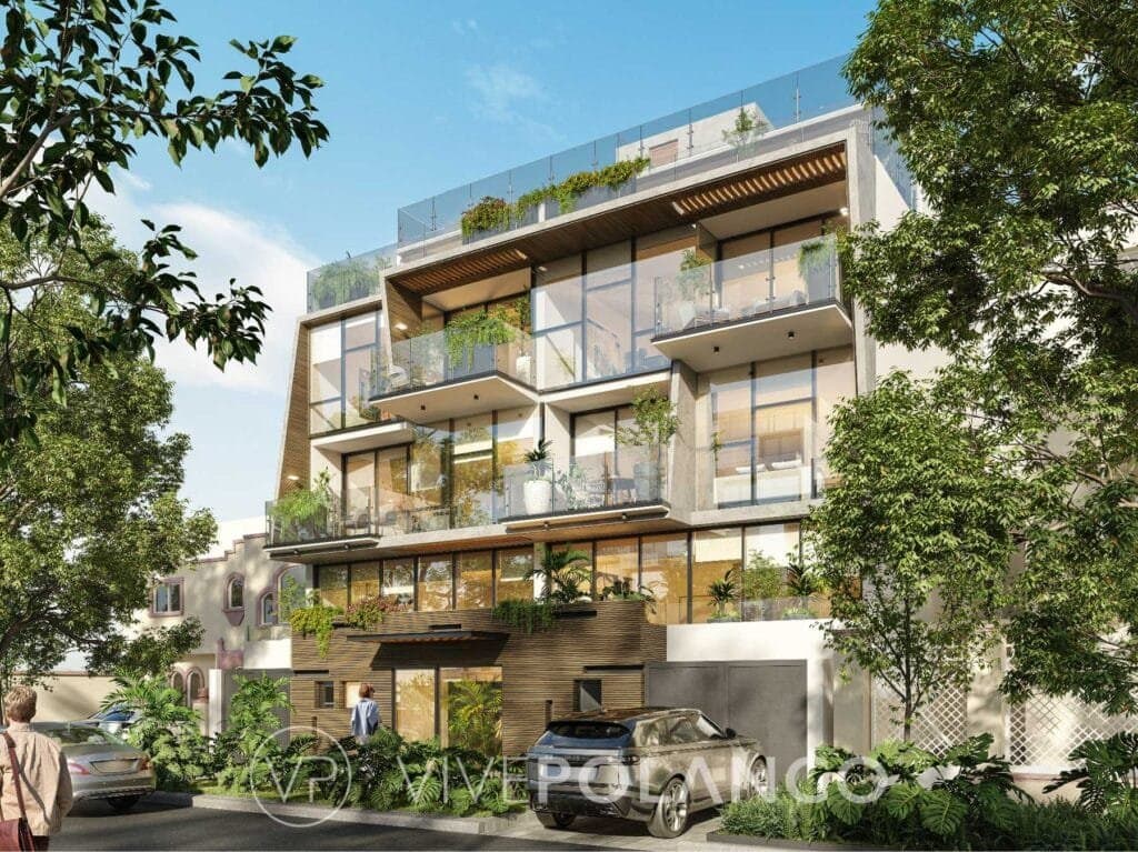Renderizado de edificio residencial moderno en Calle Galileo con fachada de cristal y balcones con vegetación