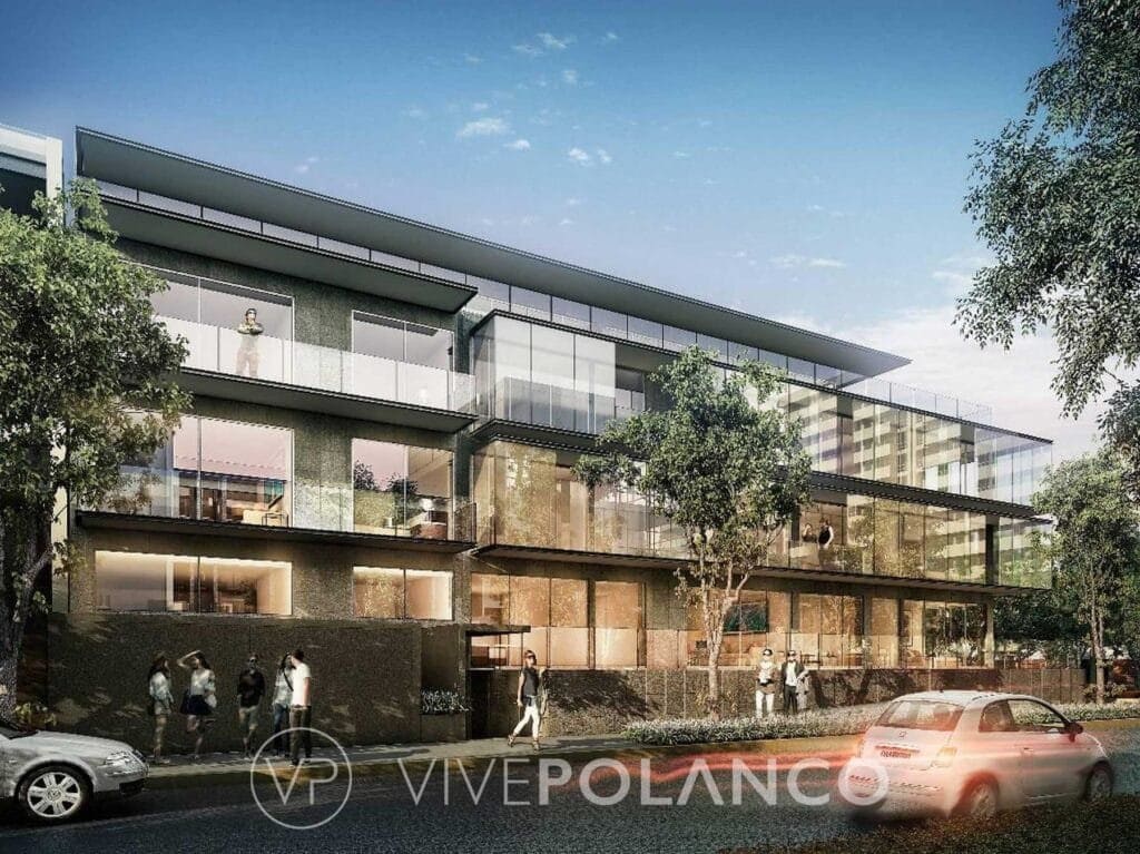 Renderizado de edificio residencial moderno de tres niveles con fachada de vidrio y terrazas en Horacio, Polanco