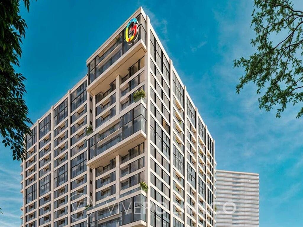Vista exterior de edificio residencial de varios niveles con balcones y fachada contemporánea en Be Grand Alto Polanco, Polanco
