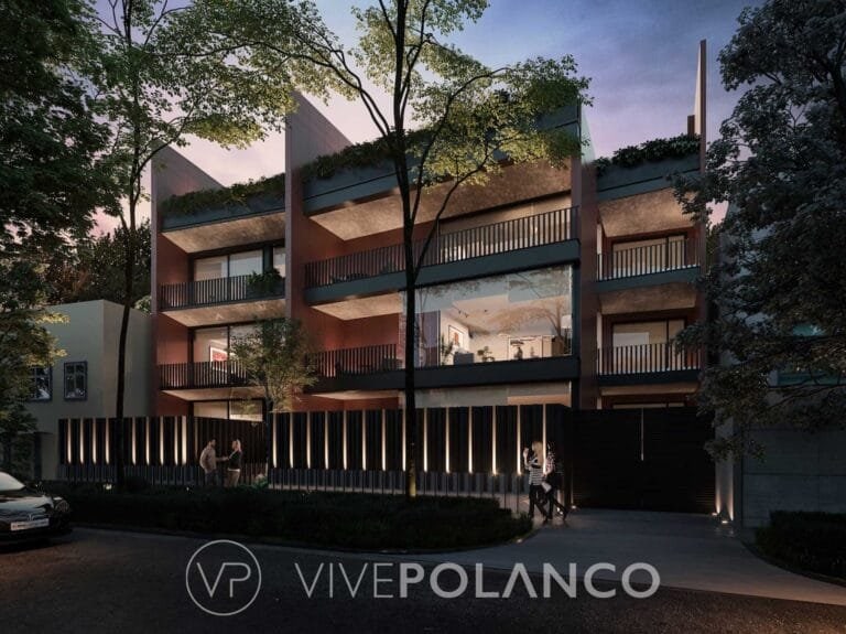 Fachada de edificio residencial contemporáneo de tres niveles con balcones, terrazas verdes y diseño moderno en 17 Polanco, Polanco