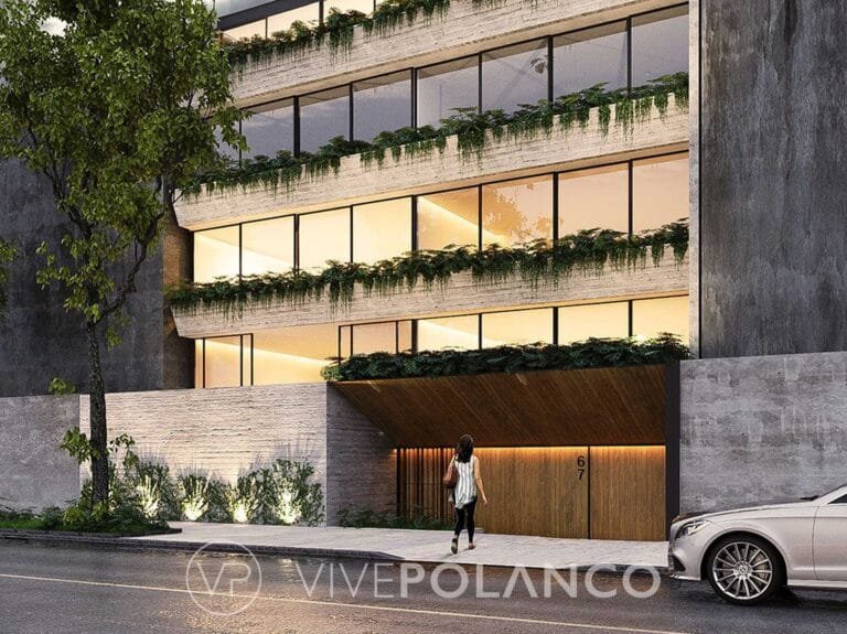 Fachada de edificio residencial moderno con terrazas ajardinadas, entrada de madera y persona caminando en Calderón de la Barca 67, Polanco
