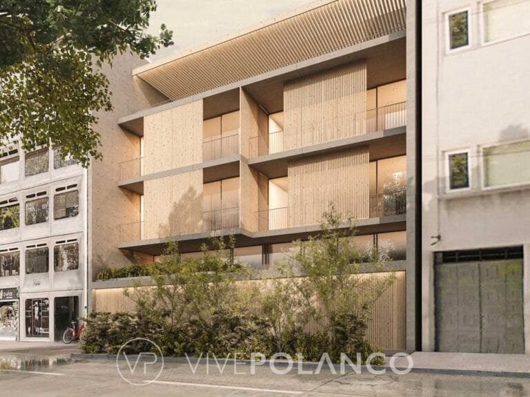 Edificio residencial moderno de cuatro pisos con fachada de madera, balcones y jardín frontal urbano en Campos Eliseos 165, Polanco
