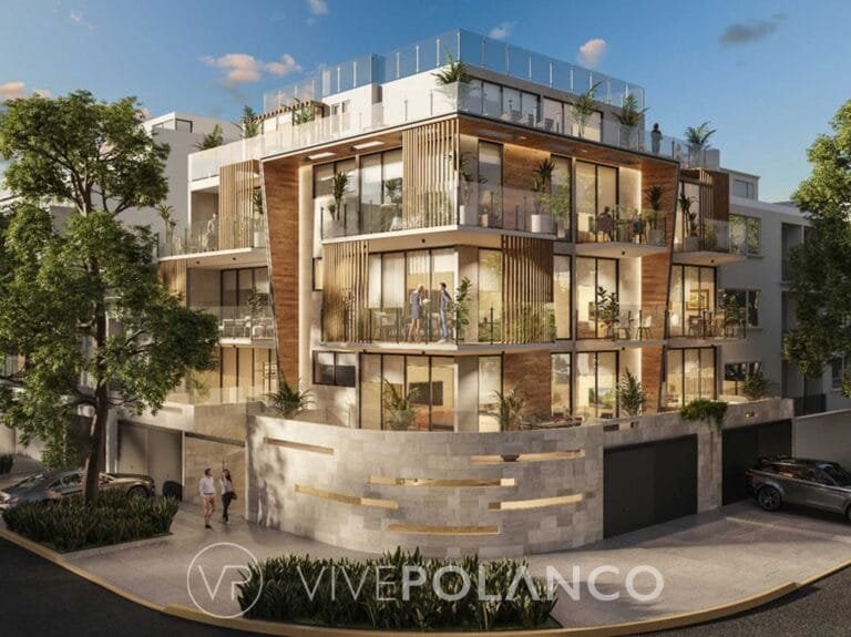 Fachada de desarrollo residencial con elementos de madera, balcones con jardines y diseño arquitectónico en Christian Andersen, Polanco