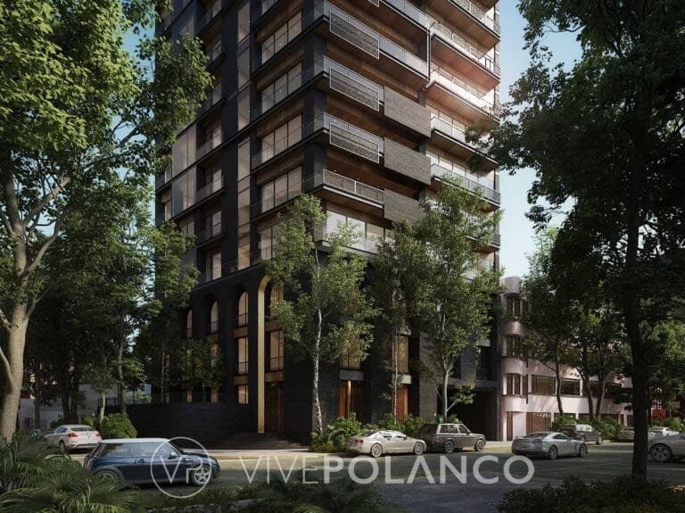 Vista exterior del desarrollo Elysee Campos Eliseos mostrando fachada moderna con balcones y vegetación