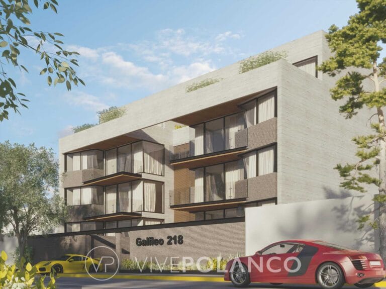 Render de edificio residencial contemporáneo con balcones de madera y fachada de ladrillo claro en Galileo, Polanco