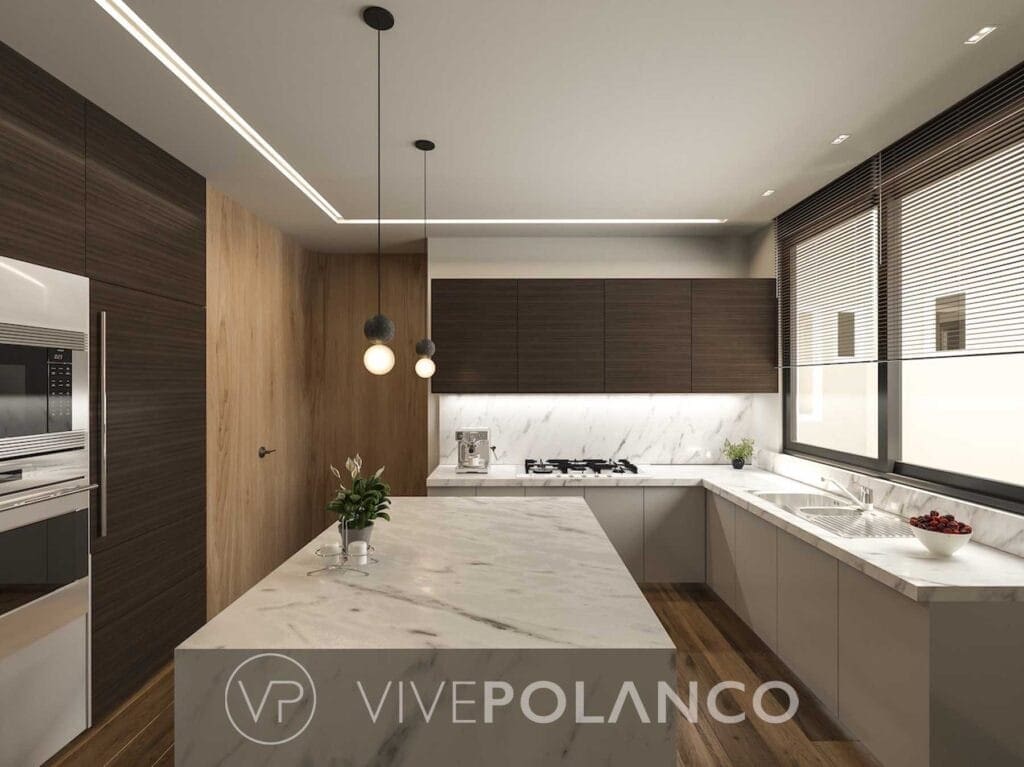 Cocina contemporánea con isla central de mármol blanco, gabinetes de madera y electrodomésticos integrados en Polanco 17, Polanco