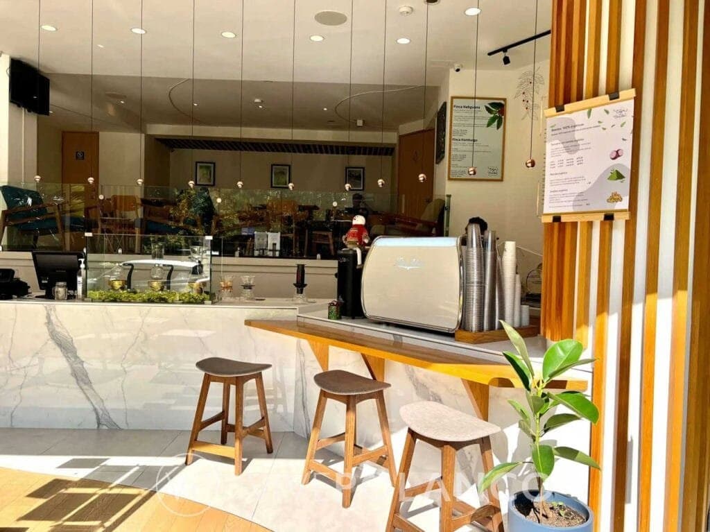 Cafetería contemporánea con barra de mármol blanco, máquina de espresso y taburetes de madera en Polanco Cafe, Polanco