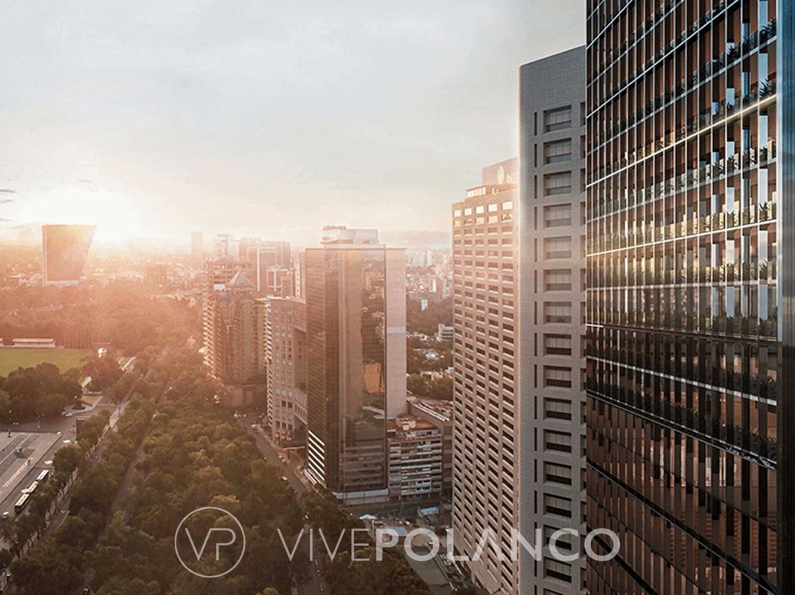 Vista aérea de Park Hyatt Residences Mexico City durante atardecer con edificios residenciales altos en Park Hyatt Residences México City1, Polanco