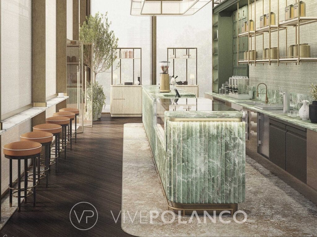 Cocina moderna con isla de mármol verde y bancos de cuero en Park Hyatt Mexico City Residences en Park Hyatt Residences México City20, Polanco