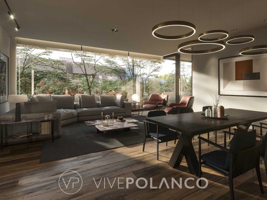 Sala de estar y comedor integrados con ventanales grandes, mobiliario contemporáneo y pisos de madera en Polanco 17, Polanco