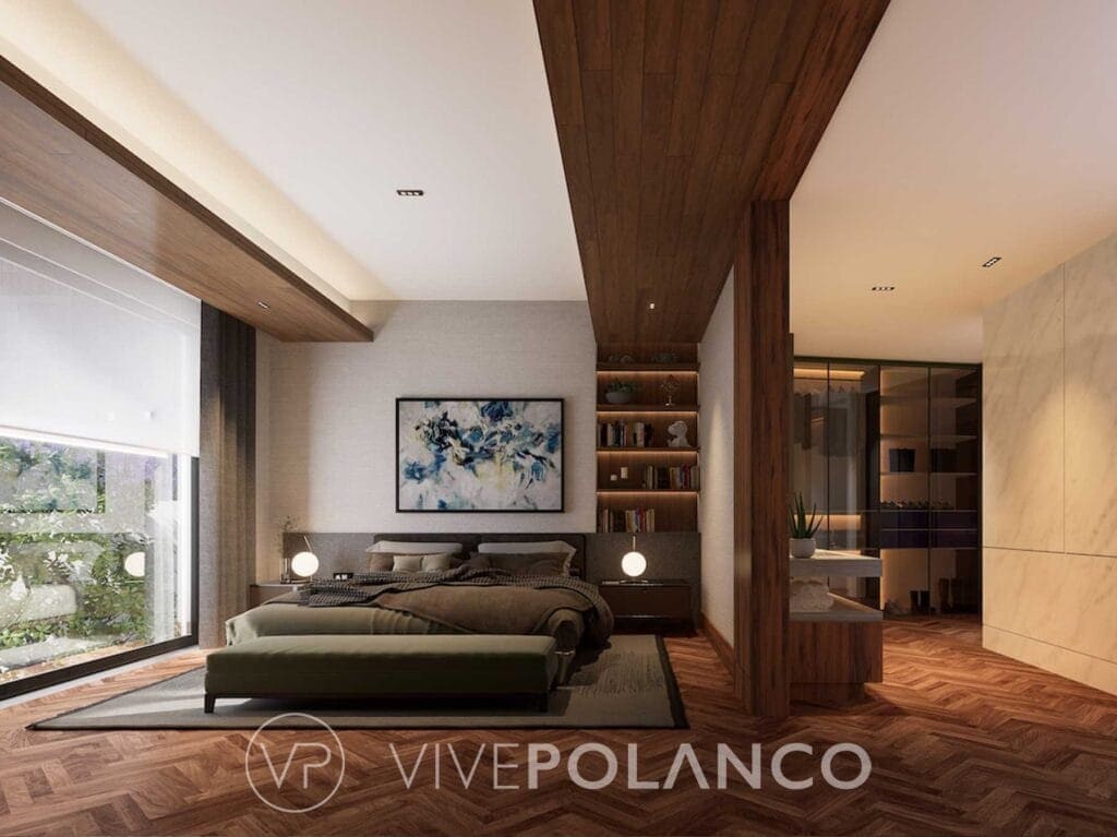 Recámara principal con diseño contemporáneo, pisos de madera, ventanales amplios y mobiliario integrado en Polanco 17, Polanco