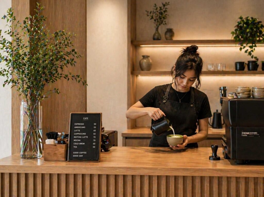 Barista preparando café con leche arte en cafetería moderna de Polanco con menú de precios visible en Polanco Cafe Barista, Polanco