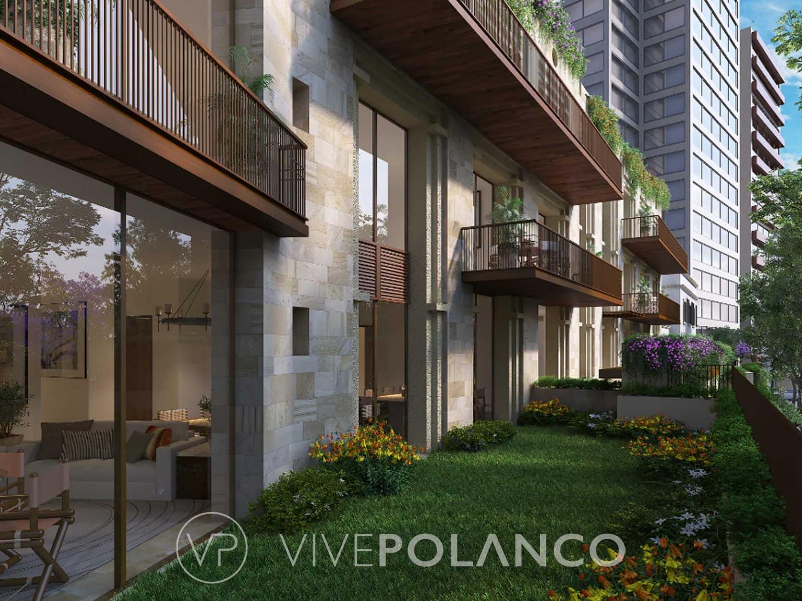 Fachada del desarrollo Elysee Campos Eliseos mostrando balcones de madera y jardines privados en Polanco
