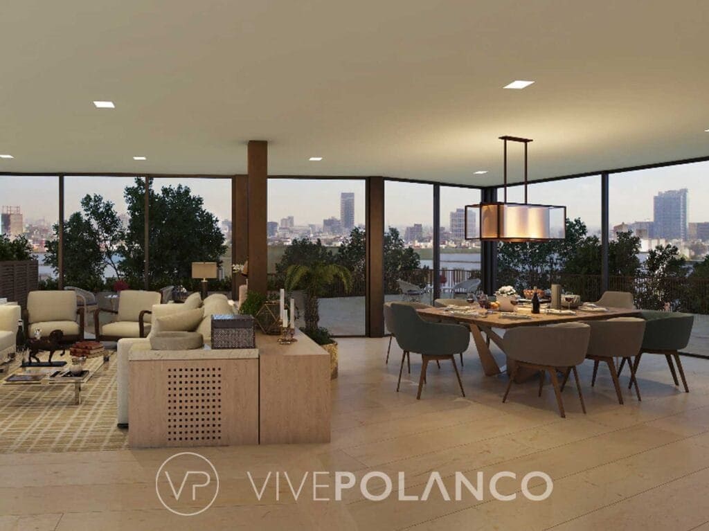 Sala y comedor con grandes ventanales y vista panorámica de la ciudad en Elysee Campos Eliseos