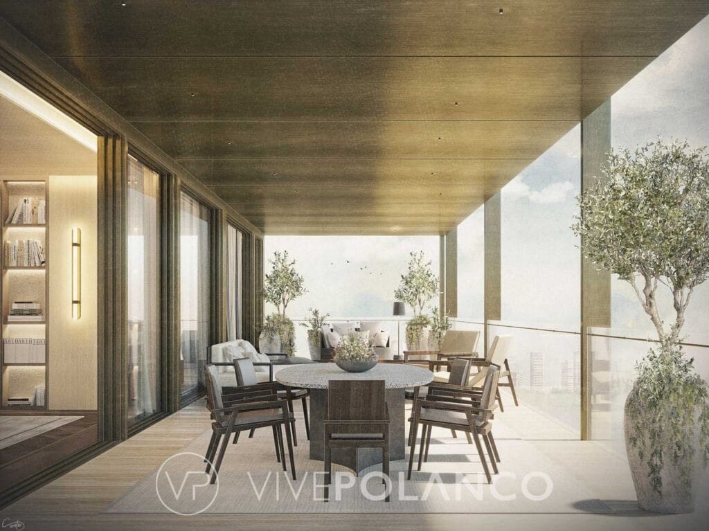 Terraza amueblada en Park Hyatt Mexico City Residences con mesa redonda y sillas de madera en Park Hyatt Residences México City10, Polanco
