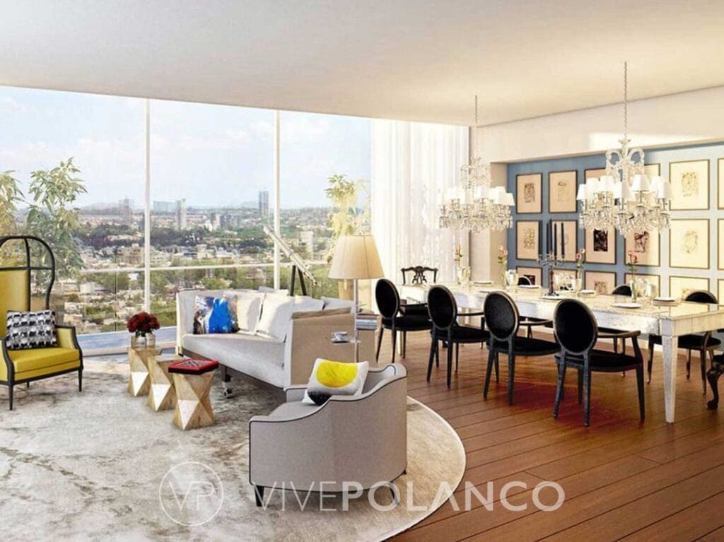 Interior moderno de Ruben Dario 225 con sala, comedor y cocina integrados, ventanales amplios