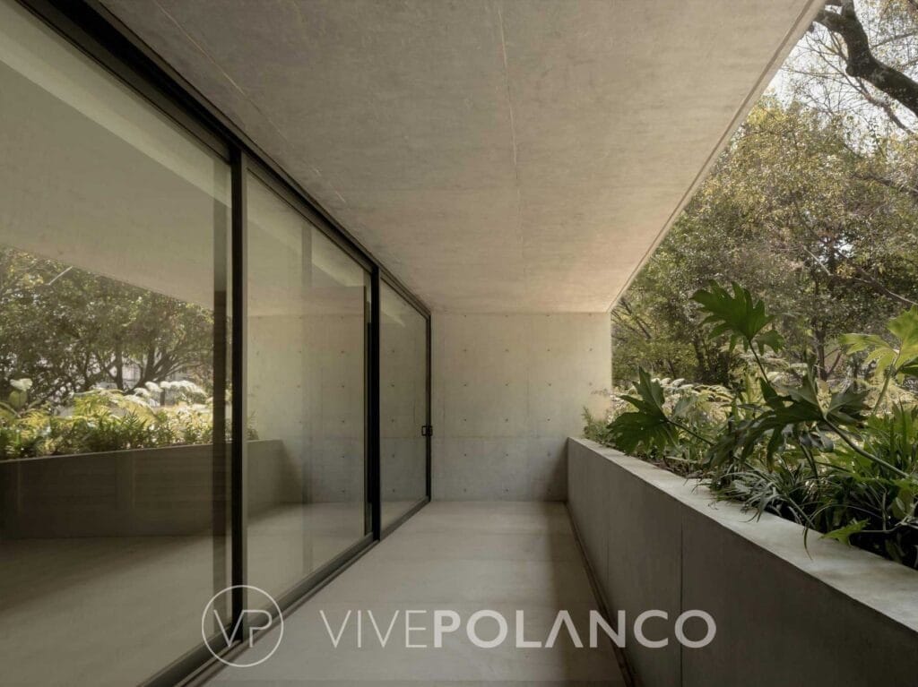 Terraza cubierta con ventanales de piso a techo, jardinera con plantas y acabados en concreto pulido en Calderón de la Barca 93 Polanco, Polanco