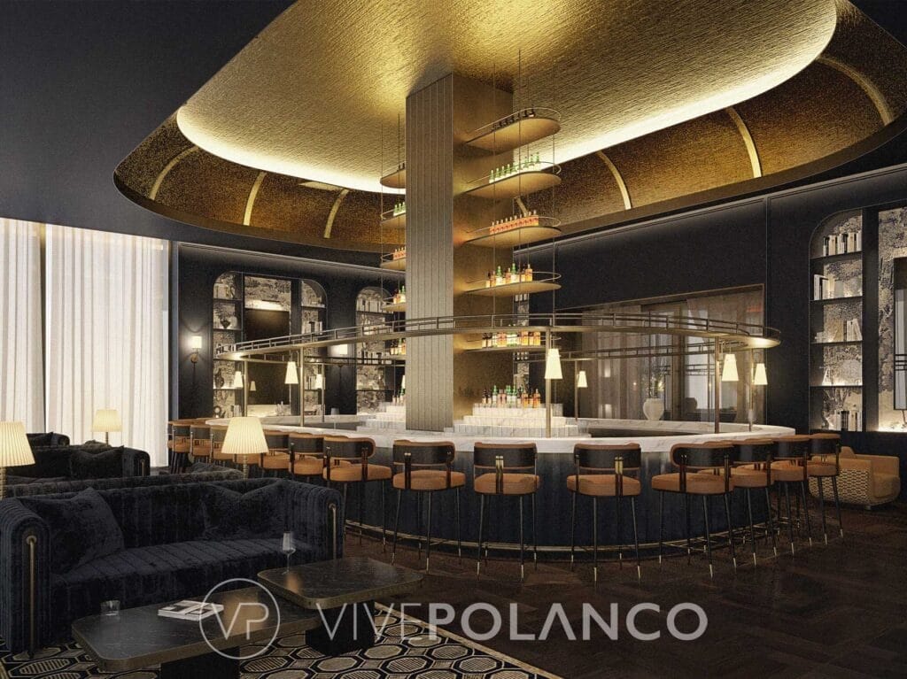 Bar de lujo con barra circular de mármol y techo dorado curvo en Park Hyatt Mexico City Residences en Park Hyatt Residences México City5, Polanco