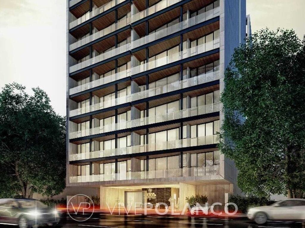 Render nocturno de la fachada del edificio Ruben Dario 225 en Polanco con balcones y diseño contemporáneo