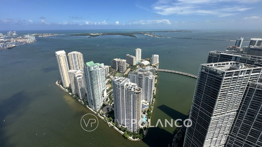 Aerial view of Aston Martin Residences and surrounding Miami architecture along the waterfront