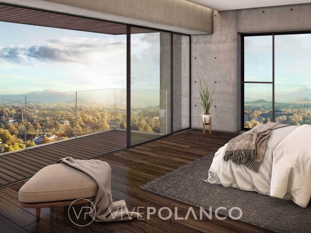 Dormitorio moderno con ventanales panorámicos y vista elevada de la ciudad desde desarrollo en Cervantes 101, Polanco