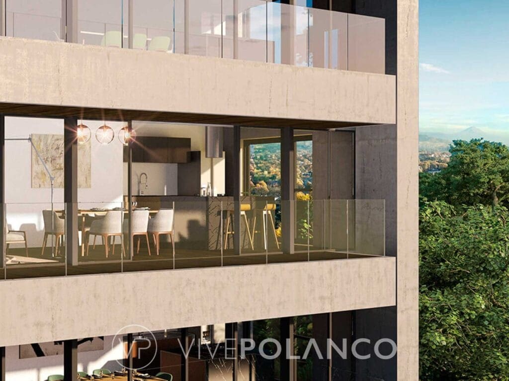 Interior moderno de departamento en Cervantes 101 con cocina integrada, comedor y terraza con vista