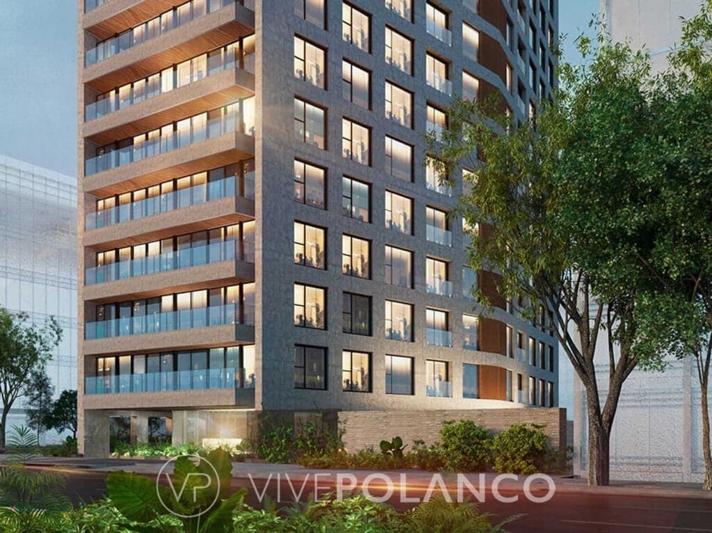 Edificio residencial moderno con balcones escalonados, ventanas iluminadas y jardines en Cervantes 101, Polanco