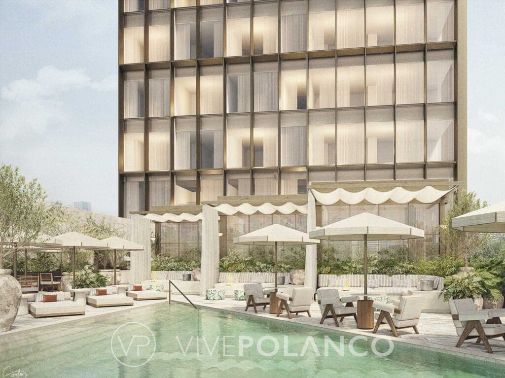 Área de alberca en azotea de Park Hyatt Mexico City Residences con sombrillas blancas y mobiliario en Park Hyatt Residences México City7, Polanco