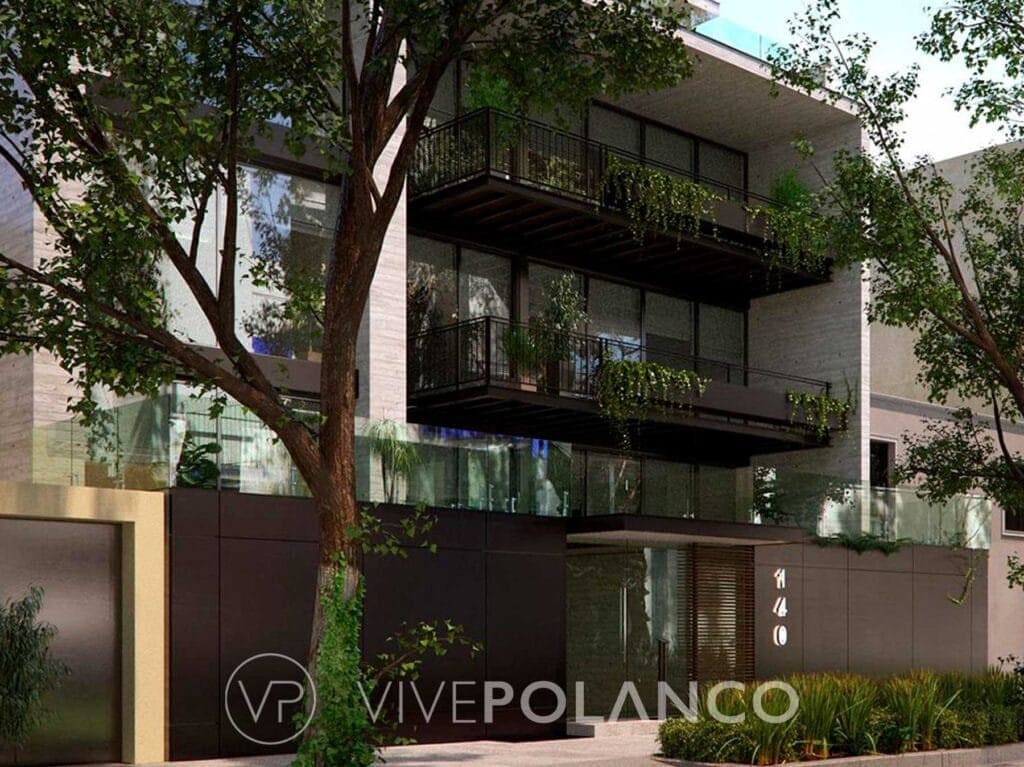 Fachada de edificio residencial moderno en Polanco con balcones escalonados y grandes ventanales