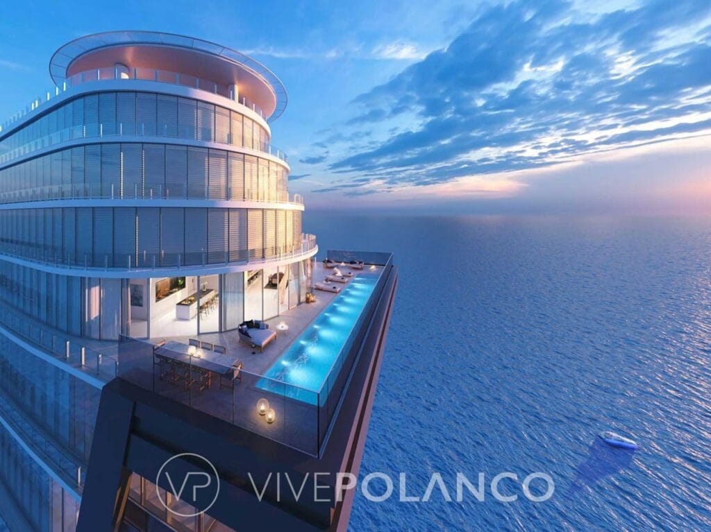 Terraza de lujo con piscina infinity y vista al mar en Aston Martin Residences Miami durante el atardecer en Aston Martin Miami, Polanco