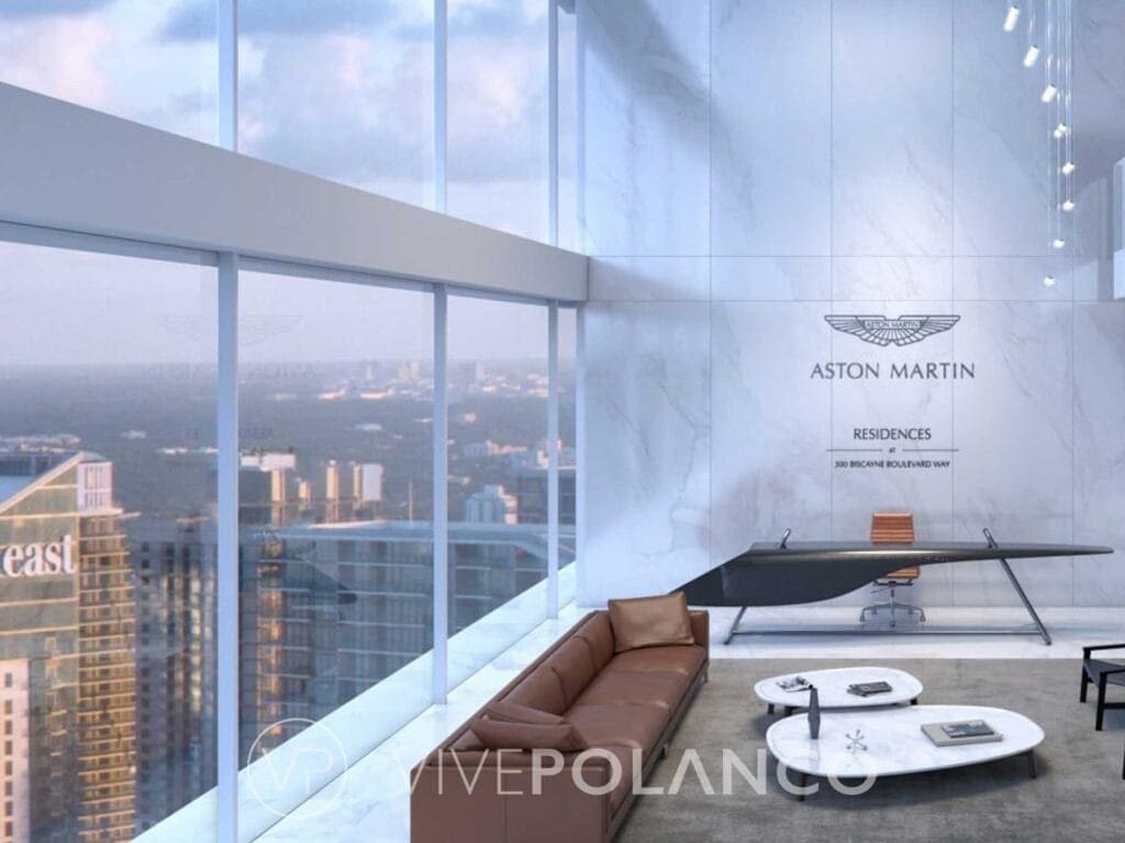 Oficina moderna en Aston Martin Residences con ventanales panorámicos, escritorio contemporáneo y vista urbana en Aston Martin Miami, Polanco