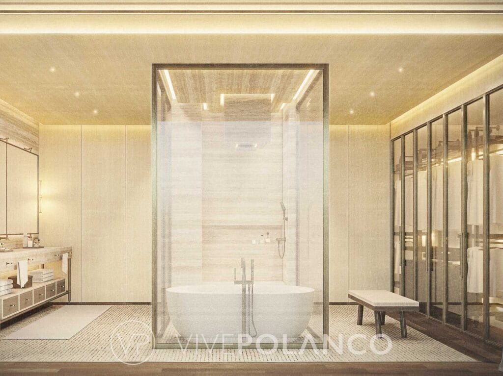 Baño principal de lujo en Park Hyatt Mexico City Residences con ducha de cristal y vestidor integrado en Park Hyatt Residences México City9, Polanco