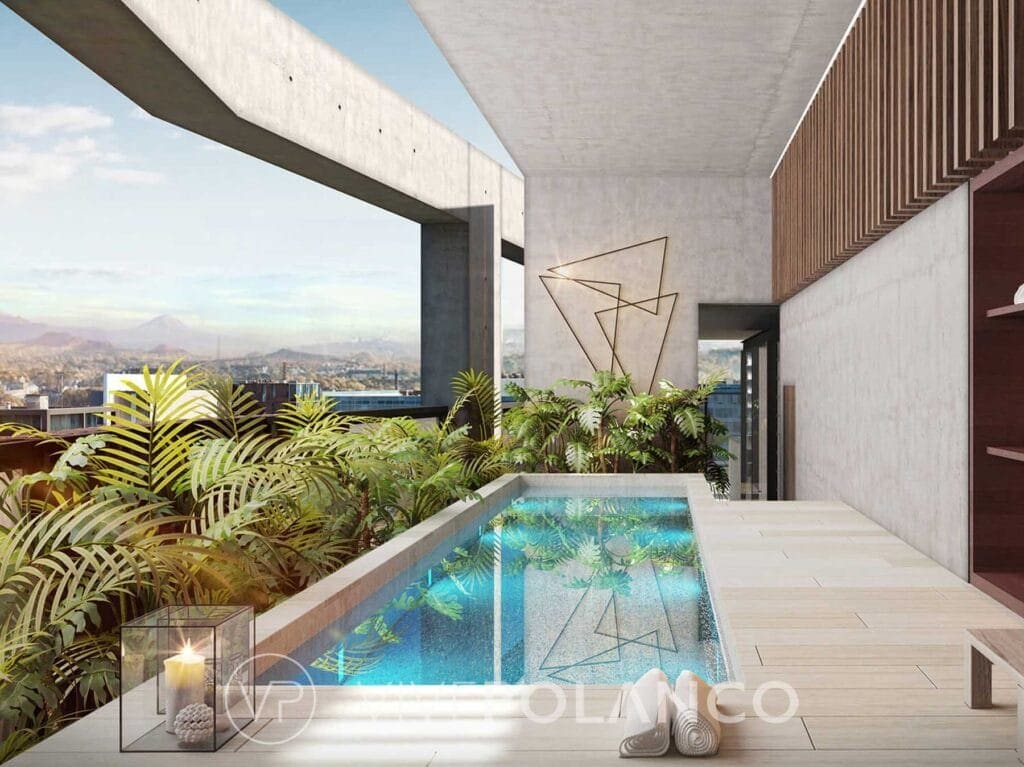 Terraza moderna con piscina, plantas tropicales y vista a las montañas desde departamento en Cervantes 101, Polanco