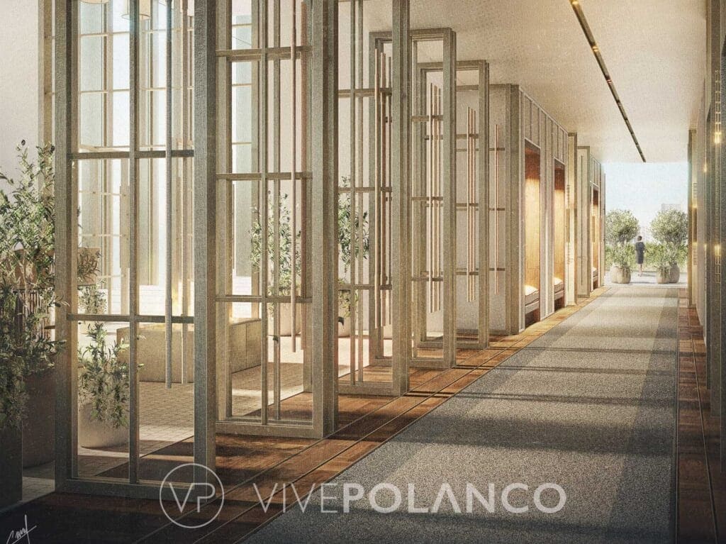 Corredor con puertas de vidrio y marcos de madera en Park Hyatt Mexico City Residences en Park Hyatt Residences México City13, Polanco