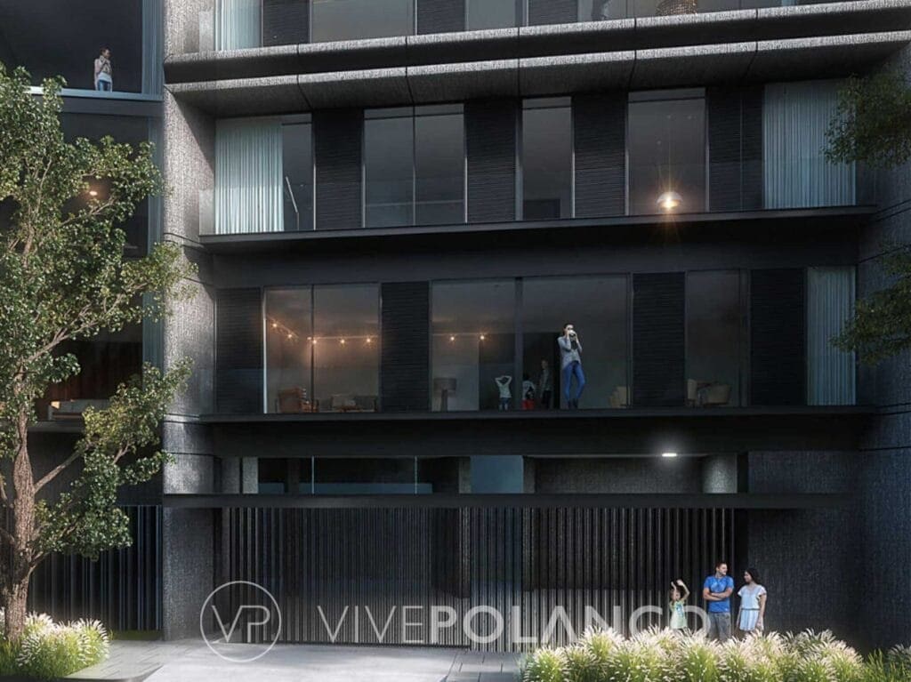 Edificio residencial moderno de noche con balcones iluminados y ventanas amplias en Polanco