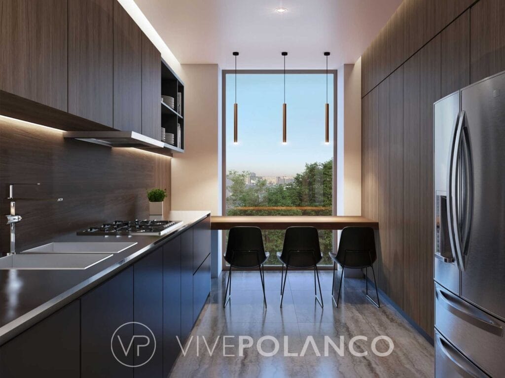 Cocina contemporánea con gabinetes de madera, electrodomésticos de acero inoxidable y barra con sillas