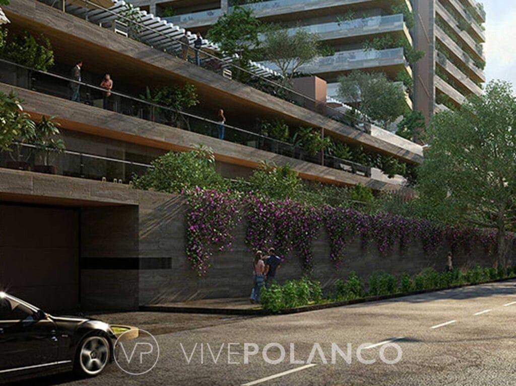 Vista exterior de Ruben Dario 225 en Rubén Darío 225 Polanco, Polanco mostrando arquitectura moderna con balcones verdes y jardines