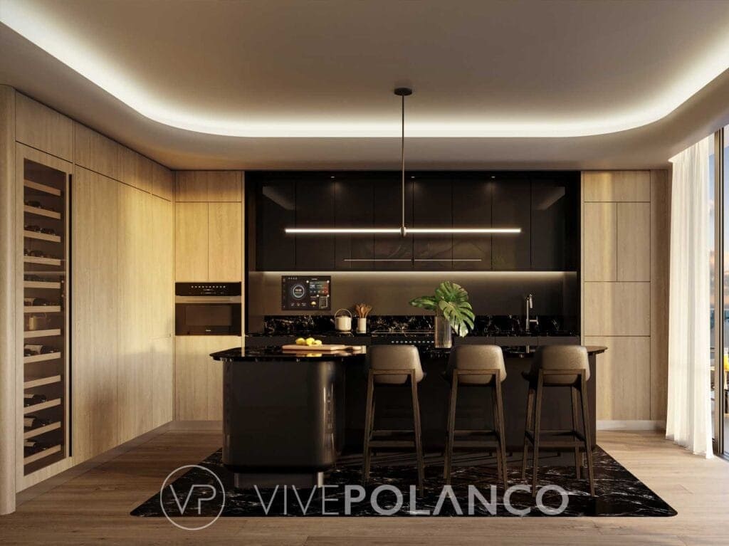 Cocina moderna de lujo en Mercedes-Benz Places Miami con isla de mármol negro y gabinetes de madera en Mercedes Benz Condo Miami, Polanco
