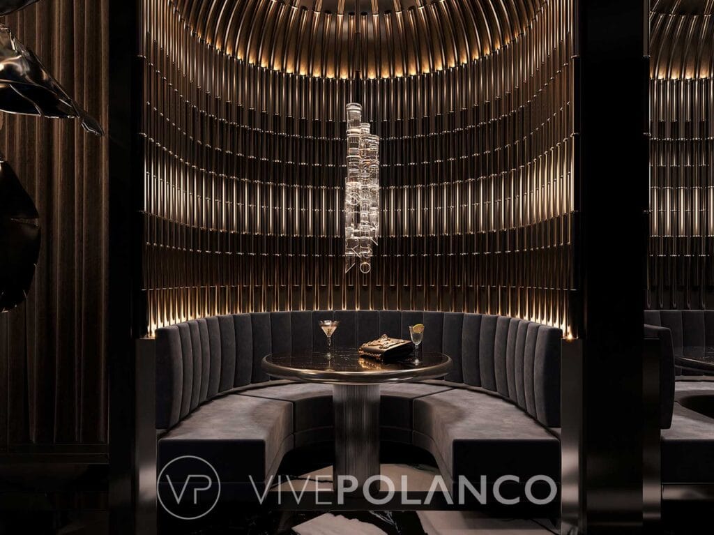 Lounge exclusivo con asientos semicirculares y iluminación dramática en 888 Brickell Dolce & Gabbana Miami en 888 Brickell Miami, Polanco