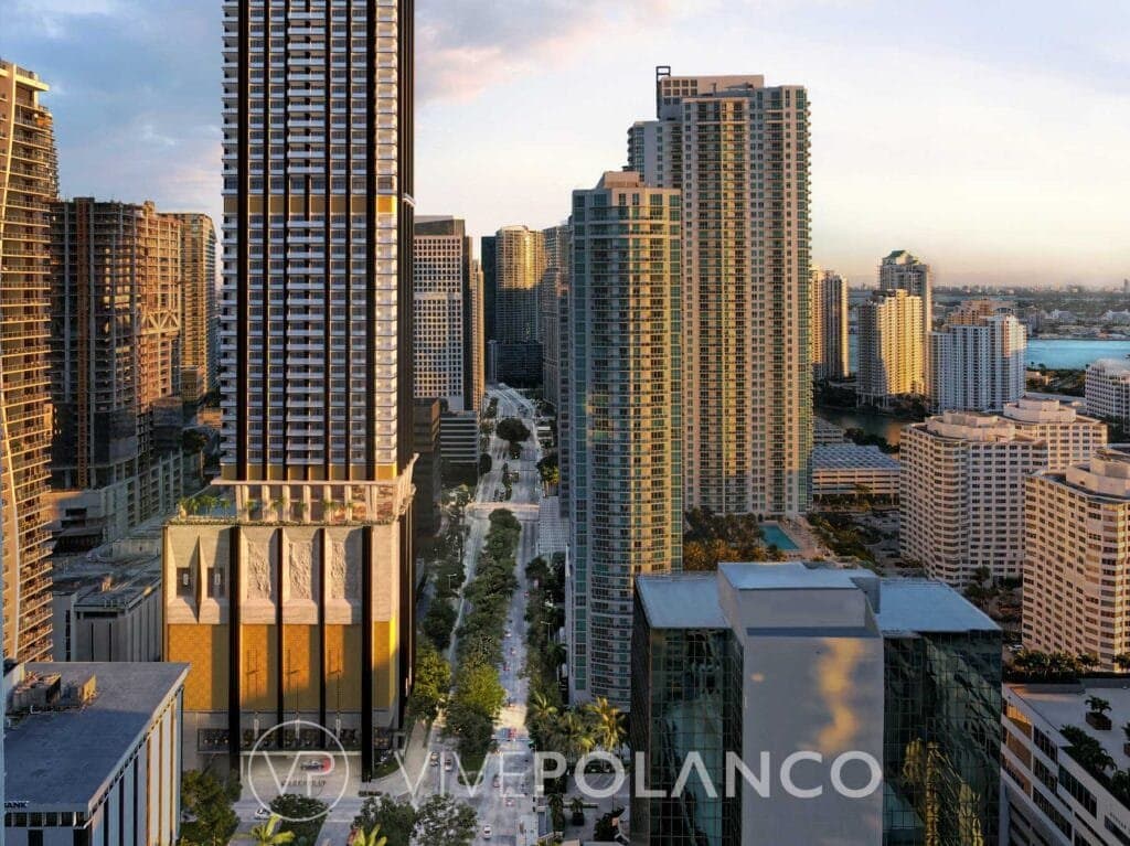 Vista aérea del distrito Brickell en Miami mostrando rascacielos residenciales durante la hora dorada en 888 Brickell Miami, Polanco