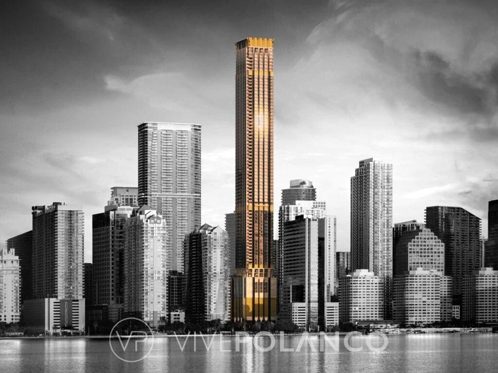 Renderizado del rascacielos 888 Brickell Dolce & Gabbana con fachada dorada dominando el skyline de Miami